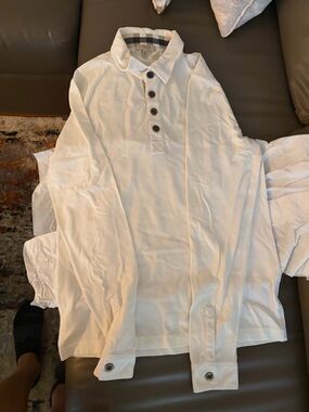 Burberry White Long-Sleeve Polo with Contrast Check Collar